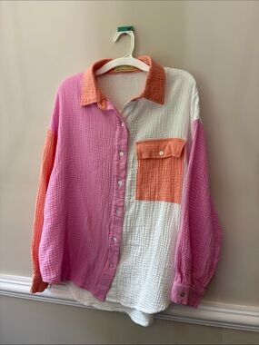 Colorblock Cotton Gauze Button-Down Shirt - Pink, Coral & White